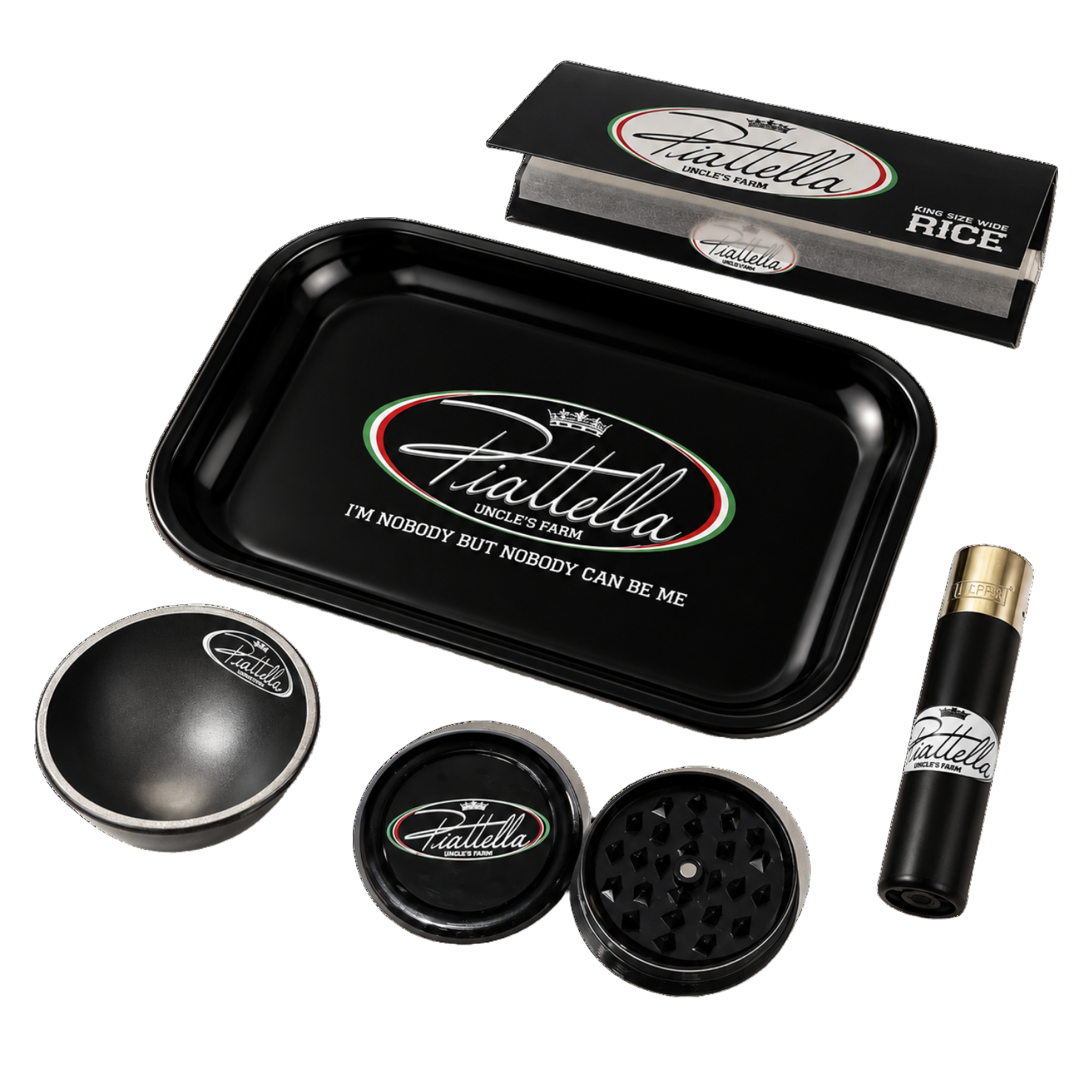 Pack Piattella: bandeja, mechero, papel, cuenco y grinder
